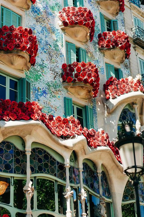 Casa Batlló's mosaic façade with red roses hung along its balconies